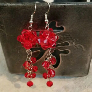 Hand Crafted Swingy Diva Red Glass Bicone Beads Baroque Dangle Earrings
